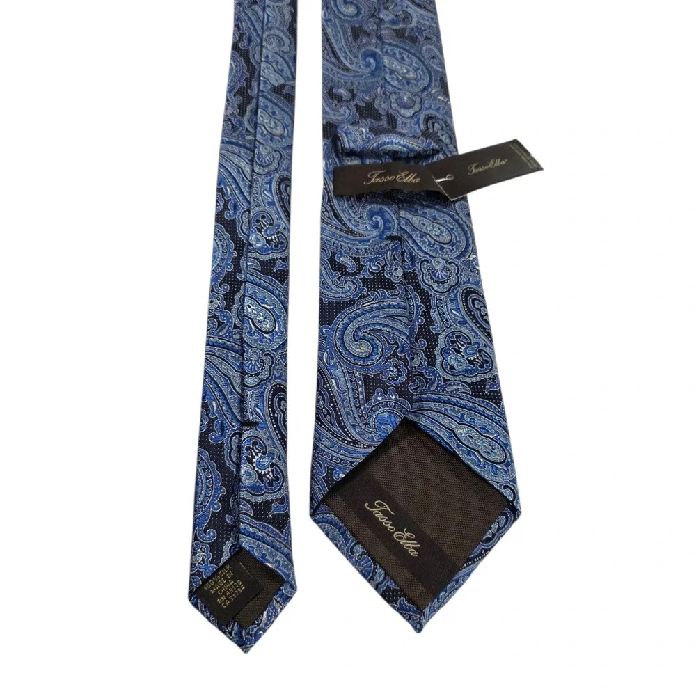 Tasso‎ Elba Mens Necktie Blue Black Paisley Pure Silk Embroidered Classic New